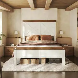Farmhouse Bed Frame Twin Size with 51" Tall Headboard and Footboard, Platform Bed Frame, No Box Spring Needed, White Farmhouse Bed Frame Twin Size with 51" Tall Headboard and Footboard, Platform Bed Frame, No Box Spring Needed, White