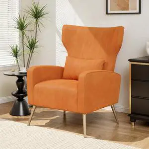 Velvet Accent Chair Wingback for Living Room, High Back Arm Chair with Golden Legs Lumbar Pillow, Upholstered Single Sofa Bedroom Orange Velvet Accent Chair Wingback for Living Room, High Back Arm Chair with Golden Legs Lumbar Pillow, Upholstered Single Sofa Bedroom Orange