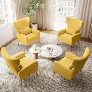Yellow Velvet Accent Chair Set of 4, Wingback Chair for Living Room, High Back Arm Chair with Golden Legs Lumbar Pillow, Upholstered Single Sofa Bedroom Yellow Velvet Accent Chair Set of 4, Wingback Chair for Living Room, High Back Arm Chair with Golden Legs Lumbar Pillow, Upholstered Single Sofa Bedroom