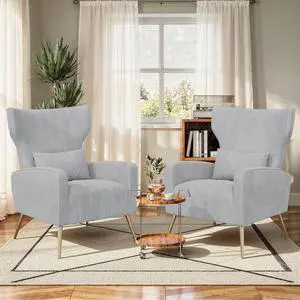 Light Gary Velvet Accent Chair Set of 2, Wingback Chair for Living Room, High Back Arm Chair with Golden Legs Lumbar Pillow, Upholstered Single Sofa Bedroom Light Gary Velvet Accent Chair Set of 2, Wingback Chair for Living Room, High Back Arm Chair with Golden Legs Lumbar Pillow, Upholstered Single Sofa Bedroom