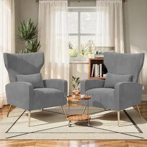Gary Velvet Accent Chair Set of 2, Wingback Chair for Living Room, High Back Arm Chair with Golden Legs Lumbar Pillow, Upholstered Single Sofa Bedroom Gary Velvet Accent Chair Set of 2, Wingback Chair for Living Room, High Back Arm Chair with Golden Legs Lumbar Pillow, Upholstered Single Sofa Bedroom