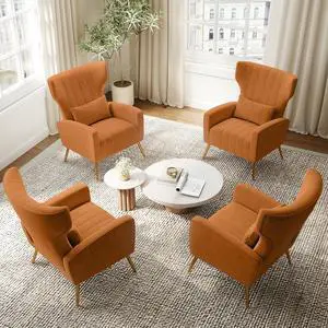Orange Velvet Accent Chair Set of 4, Wingback Chair for Living Room, High Back Arm Chair with Golden Legs Lumbar Pillow, Upholstered Single Sofa Bedroom Orange Velvet Accent Chair Set of 4, Wingback Chair for Living Room, High Back Arm Chair with Golden Legs Lumbar Pillow, Upholstered Single Sofa Bedroom