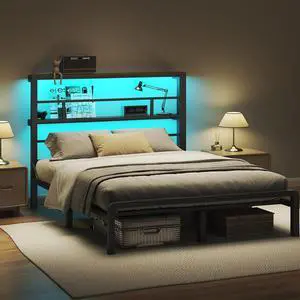 Queen Size Bed Frame with 49.2-Inch LED High Headboard and 2-Tier Storage, Metal Platform Bed, Black Queen Size Bed Frame with 49.2-Inch LED High Headboard and 2-Tier Storage, Metal Platform Bed, Black