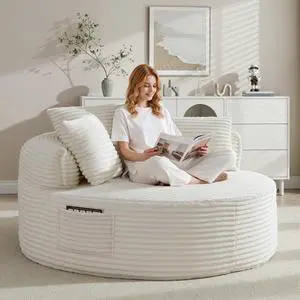 Oversized Round Lounge Chair Indoor, Corduroy Upholstered Deep Seat Cloud Circle Sofa Chair, Fluffy Boneless Sleeper Chair for Reading & Lounging, No Assembly Required (Beige) Oversized Round Lounge Chair Indoor, Corduroy Upholstered Deep Seat Cloud Circle Sofa Chair, Fluffy Boneless Sleeper Chair for Reading & Lounging, No Assembly Required (Beige)