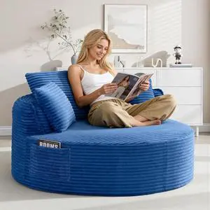 Oversized Round Lounge Chair Indoor, Corduroy Upholstered Deep Seat Cloud Circle Sofa Chair, Fluffy Boneless Sleeper Chair for Reading & Lounging, No Assembly Required (Blue) Oversized Round Lounge Chair Indoor, Corduroy Upholstered Deep Seat Cloud Circle Sofa Chair, Fluffy Boneless Sleeper Chair for Reading & Lounging, No Assembly Required (Blue)