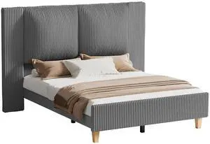 Full Size Bed Frame with 51" Tall Headboard, Upholstered Corduroy Platform Bed, Easy Assembly, No Box Spring Needed, Gray Full Size Bed Frame with 51" Tall Headboard, Upholstered Corduroy Platform Bed, Easy Assembly, No Box Spring Needed, Gray