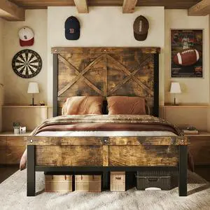 Farmhouse Bed Frame Twin Size with 51" Tall Headboard and Footboard, Platform Bed Frame, No Box Spring Needed, Brown Farmhouse Bed Frame Twin Size with 51" Tall Headboard and Footboard, Platform Bed Frame, No Box Spring Needed, Brown