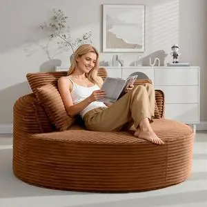 Oversized Round Lounge Chair Indoor, Corduroy Upholstered Deep Seat Cloud Circle Sofa Chair, Fluffy Boneless Sleeper Chair for Reading & Lounging, No Assembly Required (Orange) Oversized Round Lounge Chair Indoor, Corduroy Upholstered Deep Seat Cloud Circle Sofa Chair, Fluffy Boneless Sleeper Chair for Reading & Lounging, No Assembly Required (Orange)