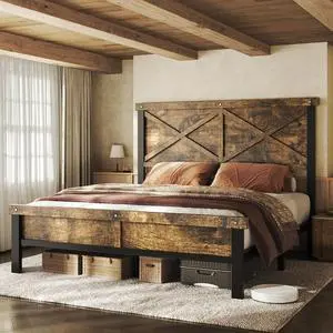 Farmhouse Bed Frame Queen Size with 51" Tall Headboard and Footboard, Platform Bed Frame, No Box Spring Needed, Brown Farmhouse Bed Frame Queen Size with 51" Tall Headboard and Footboard, Platform Bed Frame, No Box Spring Needed, Brown