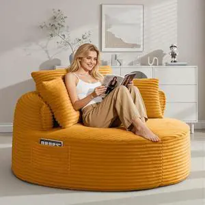 Oversized Round Lounge Chair Indoor, Corduroy Upholstered Deep Seat Cloud Circle Sofa Chair, Fluffy Boneless Sleeper Chair for Reading & Lounging, No Assembly Required (Yellow) Oversized Round Lounge Chair Indoor, Corduroy Upholstered Deep Seat Cloud Circle Sofa Chair, Fluffy Boneless Sleeper Chair for Reading & Lounging, No Assembly Required (Yellow)