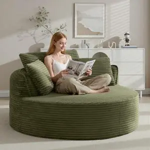 Oversized Round Lounge Chair Indoor, Corduroy Upholstered Deep Seat Cloud Circle Sofa Chair, Fluffy Boneless Sleeper Chair for Reading & Lounging, No Assembly Required (Green) Oversized Round Lounge Chair Indoor, Corduroy Upholstered Deep Seat Cloud Circle Sofa Chair, Fluffy Boneless Sleeper Chair for Reading & Lounging, No Assembly Required (Green)
