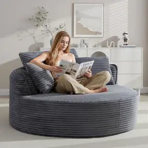 Oversized Round Lounge Chair Indoor, Corduroy Upholstered Deep Seat Cloud Circle Sofa Chair, Fluffy Boneless Sleeper Chair for Reading & Lounging, No Assembly Required (Grey) Oversized Round Lounge Chair Indoor, Corduroy Upholstered Deep Seat Cloud Circle Sofa Chair, Fluffy Boneless Sleeper Chair for Reading & Lounging, No Assembly Required (Grey)