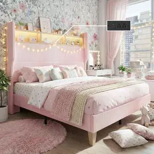 Queen Size Girls Bed Frame with 51" Tall Headboard, LED Lights & Charging Station, Corduroy Upholstered Platform Bed with Storage Shelf, No Box Spring Needed, Pink Queen Size Girls Bed Frame with 51" Tall Headboard, LED Lights & Charging Station, Corduroy Upholstered Platform Bed with Storage Shelf, No Box Spring Needed, Pink
