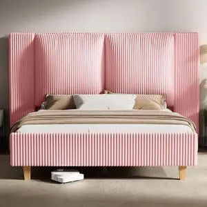 Full Size Upholstered Bed Frame Platform with Tall Wingback Headboard, Corduroy Modern Design,No Box Spring Needed, Easy Assembly,Pink Full Size Upholstered Bed Frame Platform with Tall Wingback Headboard, Corduroy Modern Design,No Box Spring Needed, Easy Assembly,Pink