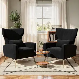 Black Velvet Accent Chair Set of 2, Wingback Chair for Living Room, High Back Arm Chair with Golden Legs Lumbar Pillow, Upholstered Single Sofa Bedroom Black Velvet Accent Chair Set of 2, Wingback Chair for Living Room, High Back Arm Chair with Golden Legs Lumbar Pillow, Upholstered Single Sofa Bedroom