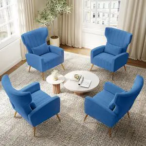 Blue Velvet Accent Chair Set of 4, Wingback Chair for Living Room, High Back Arm Chair with Golden Legs Lumbar Pillow, Upholstered Single Sofa Bedroom Blue Velvet Accent Chair Set of 4, Wingback Chair for Living Room, High Back Arm Chair with Golden Legs Lumbar Pillow, Upholstered Single Sofa Bedroom
