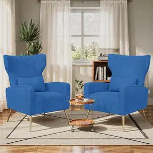 Blue Velvet Accent Chair Set of 2, Wingback Chair for Living Room, High Back Arm Chair with Golden Legs Lumbar Pillow, Upholstered Single Sofa Bedroom Blue Velvet Accent Chair Set of 2, Wingback Chair for Living Room, High Back Arm Chair with Golden Legs Lumbar Pillow, Upholstered Single Sofa Bedroom