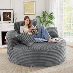 55''W 3.5CM Corduroy Single Foam Sofa, Oversized Round Chair with Pillows, Modern Sleeper for Living Rooms, Lounges, Nurseries and Projection Rooms, Wide-Arm Lounge Chair Armchair, Dark Grey 55''W 3.5CM Corduroy Single Foam Sofa, Oversized Round Chair with Pillows, Modern Sleeper for Living Rooms, Lounges, Nurseries and Projection Rooms, Wide-Arm Lounge Chair Armchair, Dark Grey
