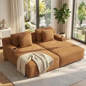 80'' Double Chaise Lounge Chair Indoor, Non-Assembly Deep Seat Sofa with Cup Holders Boneless Bed with 4pcs Pillows for Living Room Bedroom, Camel-Corduroy 80'' Double Chaise Lounge Chair Indoor, Non-Assembly Deep Seat Sofa with Cup Holders Boneless Bed with 4pcs Pillows for Living Room Bedroom, Camel-Corduroy