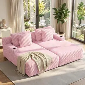 80'' Double Chaise Lounge Chair Indoor, Non-Assembly Deep Seat Sofa with Cup Holders Boneless Bed with 4pcs Pillows for Living Room Bedroom, Pink-Corduroy 80'' Double Chaise Lounge Chair Indoor, Non-Assembly Deep Seat Sofa with Cup Holders Boneless Bed with 4pcs Pillows for Living Room Bedroom, Pink-Corduroy