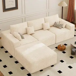 113" Modular Sectional Sofa, Convertible L-Shaped Cloud Couches for Living Room with Ottoman, 4 Seater Corduroy Boneless Couch Sofa Set, No Assembly Required, Beige 1 PCS 113" Modular Sectional Sofa, Convertible L-Shaped Cloud Couches for Living Room with Ottoman, 4 Seater Corduroy Boneless Couch Sofa Set, No Assembly Required, Beige 1 PCS