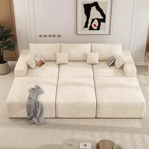 113" Modular Sectional Sofa Bed, Convertible Cloud Couches for Living Room with Ottoman, 6 Seater Corduroy Boneless Couch Sleeper Sofa Set, No Assembly Required, Beige 1 PCS 113" Modular Sectional Sofa Bed, Convertible Cloud Couches for Living Room with Ottoman, 6 Seater Corduroy Boneless Couch Sleeper Sofa Set, No Assembly Required, Beige 1 PCS