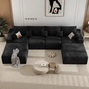 146" Modular Sectional Sofa, Convertible U-Shaped Cloud Couches for Living Room with Ottoman, 6 Seater Corduroy Boneless Couch Sofa Set, No Assembly Required, Black 1 PCS 146" Modular Sectional Sofa, Convertible U-Shaped Cloud Couches for Living Room with Ottoman, 6 Seater Corduroy Boneless Couch Sofa Set, No Assembly Required, Black 1 PCS