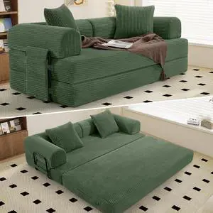Convertible Coarser Corduroy Sleeper Sofa Bed with Cylindrical Pillow, Folding Mattress Couch with Fixed-Shape Frame, Floor Sofa Lounge Couch for Living Room Bedroom Lounge Studio, Green Convertible Coarser Corduroy Sleeper Sofa Bed with Cylindrical Pillow, Folding Mattress Couch with Fixed-Shape Frame, Floor Sofa Lounge Couch for Living Room Bedroom Lounge Studio, Green