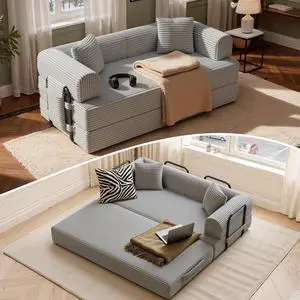 Convertible Coarser Corduroy Sleeper Sofa Bed with Cylindrical Pillow, Folding Mattress Couch with Fixed-Shape Frame, Floor Sofa Lounge Couch for Living Room Bedroom Lounge Studio, Grey Convertible Coarser Corduroy Sleeper Sofa Bed with Cylindrical Pillow, Folding Mattress Couch with Fixed-Shape Frame, Floor Sofa Lounge Couch for Living Room Bedroom Lounge Studio, Grey