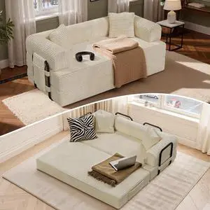 Convertible Coarser Corduroy Sleeper Sofa Bed with Cylindrical Pillow, Folding Mattress Couch with Fixed-Shape Frame, Floor Sofa Lounge Couch for Living Room Bedroom Lounge Studio, Beige Convertible Coarser Corduroy Sleeper Sofa Bed with Cylindrical Pillow, Folding Mattress Couch with Fixed-Shape Frame, Floor Sofa Lounge Couch for Living Room Bedroom Lounge Studio, Beige