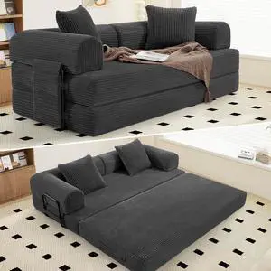 Convertible Coarser Corduroy Sleeper Sofa Bed with Cylindrical Pillow, Folding Mattress Couch with Fixed-Shape Frame, Floor Sofa Lounge Couch for Living Room Bedroom Lounge Studio, Dark Grey Convertible Coarser Corduroy Sleeper Sofa Bed with Cylindrical Pillow, Folding Mattress Couch with Fixed-Shape Frame, Floor Sofa Lounge Couch for Living Room Bedroom Lounge Studio, Dark Grey