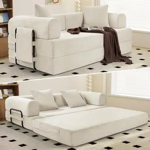 Convertible Corduroy Sleeper Sofa Bed with Cylindrical Pillows,Convertible Mattress Sofa with Fixed Shape Frame, Living Room Bedroom Lounge Studio Use Floor Sofa Lounge,Beige Convertible Corduroy Sleeper Sofa Bed with Cylindrical Pillows,Convertible Mattress Sofa with Fixed Shape Frame, Living Room Bedroom Lounge Studio Use Floor Sofa Lounge,Beige