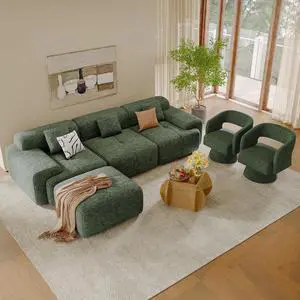 Living Room Furniture Sets, L-Shaped Boneless Cloud Couch with 2 PCS Swivel Accent Chairs & Coffee Table, Modern Modular Sectional Sofa Set, Green Living Room Furniture Sets, L-Shaped Boneless Cloud Couch with 2 PCS Swivel Accent Chairs & Coffee Table, Modern Modular Sectional Sofa Set, Green