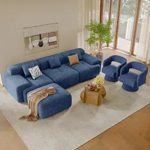 Living Room Furniture Sets, L-Shaped Boneless Cloud Couch with 2 PCS Swivel Accent Chairs & Coffee Table, Modern Modular Sectional Sofa Set, Blue Living Room Furniture Sets, L-Shaped Boneless Cloud Couch with 2 PCS Swivel Accent Chairs & Coffee Table, Modern Modular Sectional Sofa Set, Blue