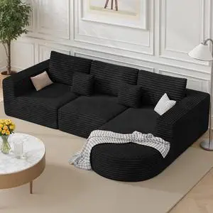 110 Modular Sectional Cloud Boneless Couches, L-Shaped Curved Sofa with Chaise, Deep Seat Convertible Sleeper Bed Include 2 pcs Pillow, No Assembly Required(Black Corduroy Fabric) 110 Modular Sectional Cloud Boneless Couches, L-Shaped Curved Sofa with Chaise, Deep Seat Convertible Sleeper Bed Include 2 pcs Pillow, No Assembly Required(Black Corduroy Fabric)