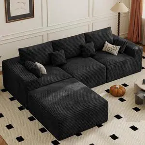 113" Modular Sectional Sofa, Convertible L-Shaped Cloud Couches for Living Room with Ottoman, 4 Seater Corduroy Boneless Couch Sofas Set, No Assembly Required, Black 1 PCS 113" Modular Sectional Sofa, Convertible L-Shaped Cloud Couches for Living Room with Ottoman, 4 Seater Corduroy Boneless Couch Sofas Set, No Assembly Required, Black 1 PCS