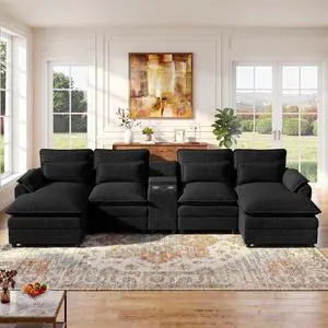 134" U Shaped Modular Sectional Sofa, Oversized Cloud Couch with Double Chaise Lounge, Storage Console, Cup Holders & USB Port, Comfy Chenille Deep Seat Couch Set for Living Room, Black 134" U Shaped Modular Sectional Sofa, Oversized Cloud Couch with Double Chaise Lounge, Storage Console, Cup Holders & USB Port, Comfy Chenille Deep Seat Couch Set for Living Room, Black