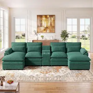134" U Shaped Modular Sectional Sofa, Oversized Cloud Couch with Double Chaise Lounge, Storage Console, Cup Holders & USB Port, Comfy Chenille Deep Seat Couch Set for Living Room, Green 134" U Shaped Modular Sectional Sofa, Oversized Cloud Couch with Double Chaise Lounge, Storage Console, Cup Holders & USB Port, Comfy Chenille Deep Seat Couch Set for Living Room, Green