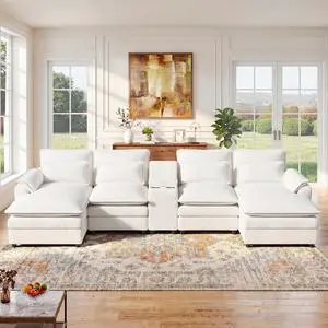 134" U Shaped Modular Sectional Sofa, Oversized Cloud Couch with Double Chaise Lounge, Storage Console, Cup Holders & USB Port, Comfy Chenille Deep Seat Couch Set for Living Room,White 134" U Shaped Modular Sectional Sofa, Oversized Cloud Couch with Double Chaise Lounge, Storage Console, Cup Holders & USB Port, Comfy Chenille Deep Seat Couch Set for Living Room,White