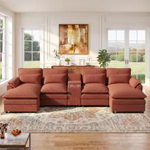 134" U Shaped Modular Sectional Sofa, Oversized Cloud Couch with Double Chaise Lounge, Storage Console, Cup Holders & USB Port, Comfy Chenille Deep Seat Couch Set for Living Room, Brown 134" U Shaped Modular Sectional Sofa, Oversized Cloud Couch with Double Chaise Lounge, Storage Console, Cup Holders & USB Port, Comfy Chenille Deep Seat Couch Set for Living Room, Brown