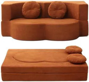 King Size Sofa Bed, 76 Inch Convertible Futon Boneless Couch, 2-in-1 Loveseat Sleeper Sofa with 2 Pillow, Modern Velvet Fabric Floor Couch Bed for Living Room, No Assembly Required (Orange) King Size Sofa Bed, 76 Inch Convertible Futon Boneless Couch, 2-in-1 Loveseat Sleeper Sofa with 2 Pillow, Modern Velvet Fabric Floor Couch Bed for Living Room, No Assembly Required (Orange)