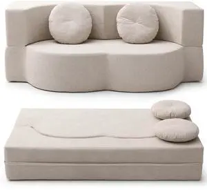 King Size Sofa Bed, 76 Inch Convertible Futon Boneless Couch, 2-in-1 Loveseat Sleeper Sofa with 2 Pillow, Modern Velvet Fabric Floor Couch Bed for Living Room, No Assembly Required (Beige) King Size Sofa Bed, 76 Inch Convertible Futon Boneless Couch, 2-in-1 Loveseat Sleeper Sofa with 2 Pillow, Modern Velvet Fabric Floor Couch Bed for Living Room, No Assembly Required (Beige)