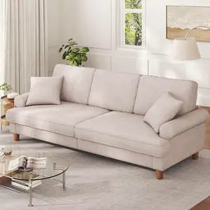 87" Sofa Couch, Comfy Extra Deep Seat 3 Seater Couch for Living Room with Soft Upholstered Round Arms, Free 2 Pillows, Beige 87" Sofa Couch, Comfy Extra Deep Seat 3 Seater Couch for Living Room with Soft Upholstered Round Arms, Free 2 Pillows, Beige