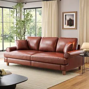 87" Couch Premium PU Leather Sofa, Comfy Extra Deep Seat 3 Seater Couch for Living Room, with 2 Pillows, Brown 87" Couch Premium PU Leather Sofa, Comfy Extra Deep Seat 3 Seater Couch for Living Room, with 2 Pillows, Brown