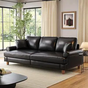 87" Couch Premium PU Leather Sofa, Comfy Extra Deep Seat 3 Seater Couch for Living Room, with 2 Pillows, Black 87" Couch Premium PU Leather Sofa, Comfy Extra Deep Seat 3 Seater Couch for Living Room, with 2 Pillows, Black