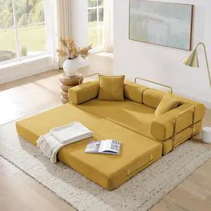 4-in-1 Folding Convertible Sofa Bed, 78 Inch Boneless Couch with Fixed-Shape Frame, Corduroy Loveseat Sleeper with Pull Out Bed, Floor Sofa Modular Futon Couch for Living Room Bedroom Lounge (Yellow) 4-in-1 Folding Convertible Sofa Bed, 78 Inch Boneless Couch with Fixed-Shape Frame, Corduroy Loveseat Sleeper with Pull Out Bed, Floor Sofa Modular Futon Couch for Living Room Bedroom Lounge (Yellow)