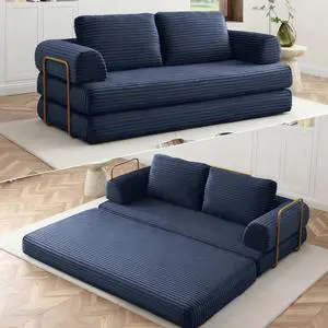 80 Convertible Sleeper Sofa Bed, High Back Plush Corduroy Boneless Futon Loveseat with Pull Out Bed, Fixed-Shape Folding Floor Mattress Couch, No Assembly Required (Blue) 80 Convertible Sleeper Sofa Bed, High Back Plush Corduroy Boneless Futon Loveseat with Pull Out Bed, Fixed-Shape Folding Floor Mattress Couch, No Assembly Required (Blue)