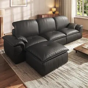Sectional Sofa, 110" L-Shaped Deep Seat Couch, Modular Sofa with Back Cushion for Living Room, PU Leather Boneless Sofa, No Assembly Required, Black Sectional Sofa, 110" L-Shaped Deep Seat Couch, Modular Sofa with Back Cushion for Living Room, PU Leather Boneless Sofa, No Assembly Required, Black