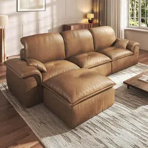 Sectional Sofa, 110" L-Shaped Deep Seat Couch, Modular Sofa with Back Cushion for Living Room, PU Leather Boneless Sofa, No Assembly Required, Brown Sectional Sofa, 110" L-Shaped Deep Seat Couch, Modular Sofa with Back Cushion for Living Room, PU Leather Boneless Sofa, No Assembly Required, Brown