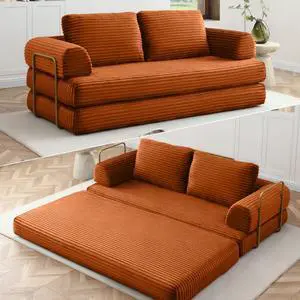 80 Convertible Sleeper Sofa Bed, High Back Plush Corduroy Boneless Futon Loveseat with Pull Out Bed, Fixed-Shape Folding Floor Mattress Couch, No Assembly Required (Orange) 80 Convertible Sleeper Sofa Bed, High Back Plush Corduroy Boneless Futon Loveseat with Pull Out Bed, Fixed-Shape Folding Floor Mattress Couch, No Assembly Required (Orange)